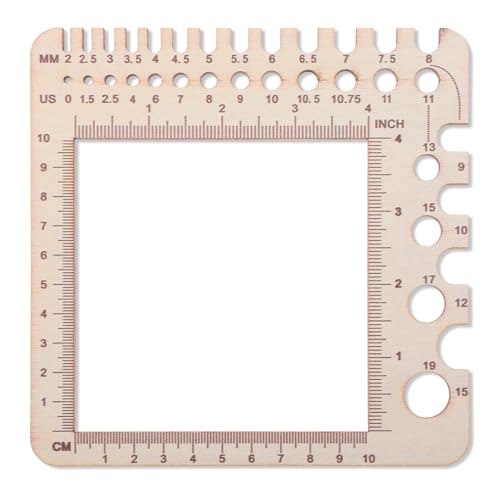 XLIUAX Wooden Rulers, Crochet Stitch Counter Spinner Yarn Measure Needle Gauge Swatch Ruler for Knitting Crochet Gauge Measuring Tool Poplar Square Measuring Tool Multi-Size Holes for Needles(A) - Image 1