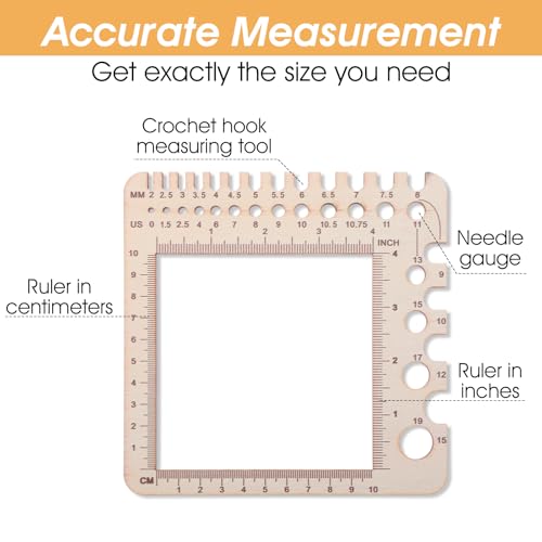 XLIUAX Wooden Rulers, Crochet Stitch Counter Spinner Yarn Measure Needle Gauge Swatch Ruler for Knitting Crochet Gauge Measuring Tool Poplar Square Measuring Tool Multi-Size Holes for Needles(A) - Image 4