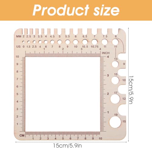 XLIUAX Wooden Rulers, Crochet Stitch Counter Spinner Yarn Measure Needle Gauge Swatch Ruler for Knitting Crochet Gauge Measuring Tool Poplar Square Measuring Tool Multi-Size Holes for Needles(A) - Image 2