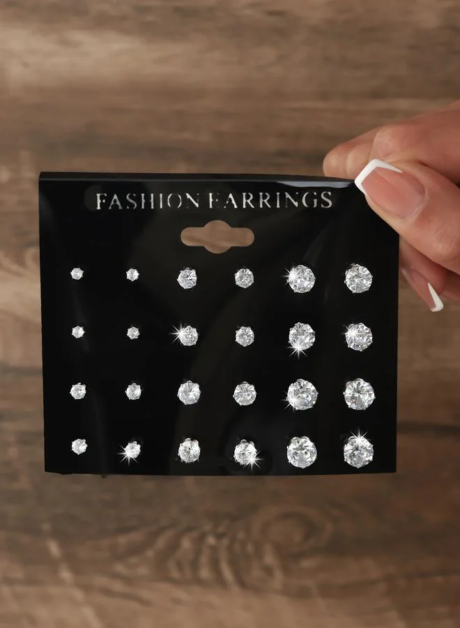 تايك تو White Zirconia Stud Earrings Set - 12 Pairs