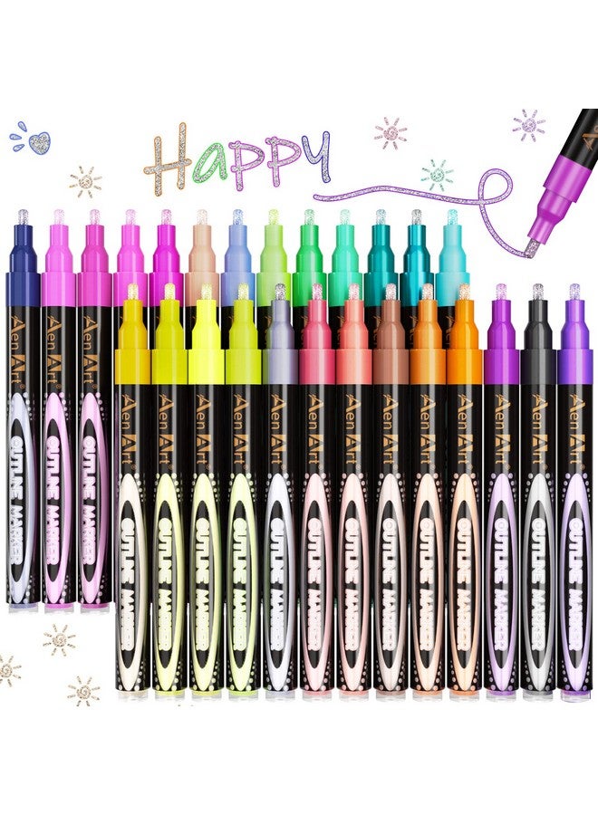 Aen Art Double Line Outline Pens 26 Colors Shimmer Outline Marker For Pumpkin Painting Selfoutline Metallic Markers. Perfect For Doodling Drawing And Calligraphy - Image 1