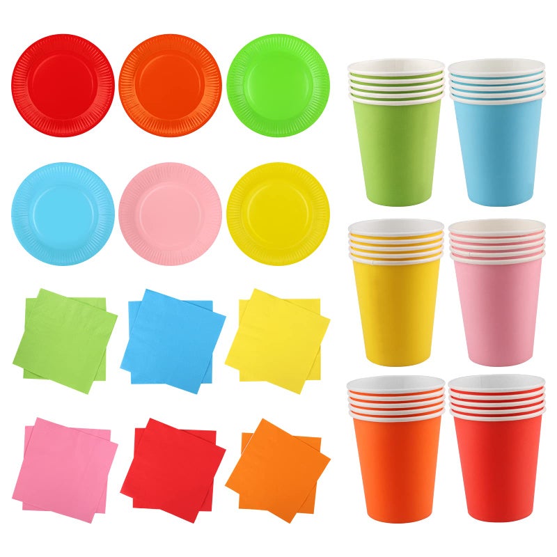 Fowecelt Rainbow Party Tableware  90pcs Paper Plates and Cups Set Neon Supplies Multicolor Napkins for Birthday Decoration