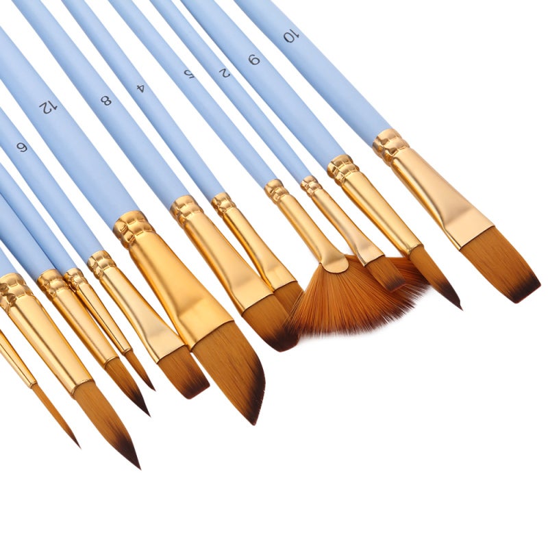 Paint Brushes 12pcs Lake Blue Nylon Hair - Anti-Shedding Hairs Watercolor Brushes - Sturdy Wooden Handle Oil Paint Set for Beginners Students Artists - Image 1