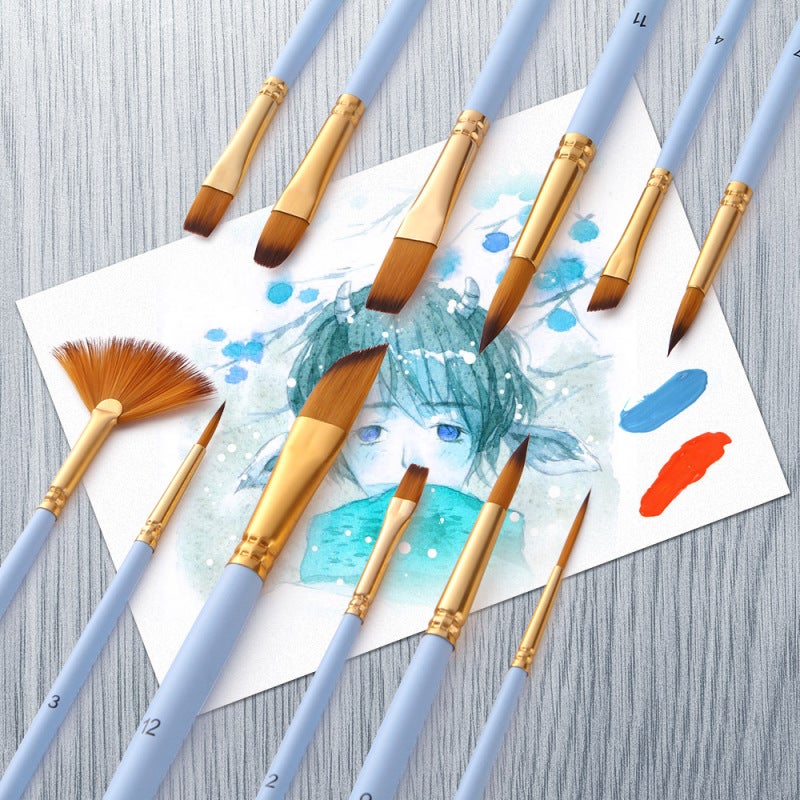 Paint Brushes 12pcs Lake Blue Nylon Hair - Anti-Shedding Hairs Watercolor Brushes - Sturdy Wooden Handle Oil Paint Set for Beginners Students Artists - Image 4