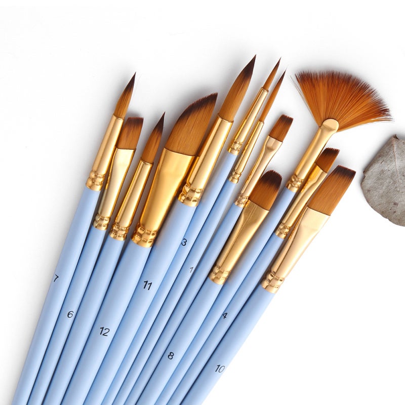 Paint Brushes 12pcs Lake Blue Nylon Hair - Anti-Shedding Hairs Watercolor Brushes - Sturdy Wooden Handle Oil Paint Set for Beginners Students Artists - Image 5