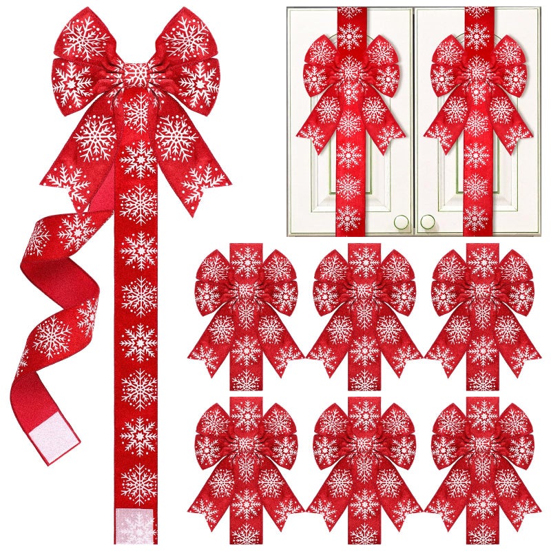 Knitgrip 6 Pcs Christmas Cabinet Bows Velvet Door Ribbon Large Winter Festive Ribbons and Bows Snowflake Pattern Christmas Decorations for Cabinets Furniture Kitchen Party Supplies79 InchRed - Image 2