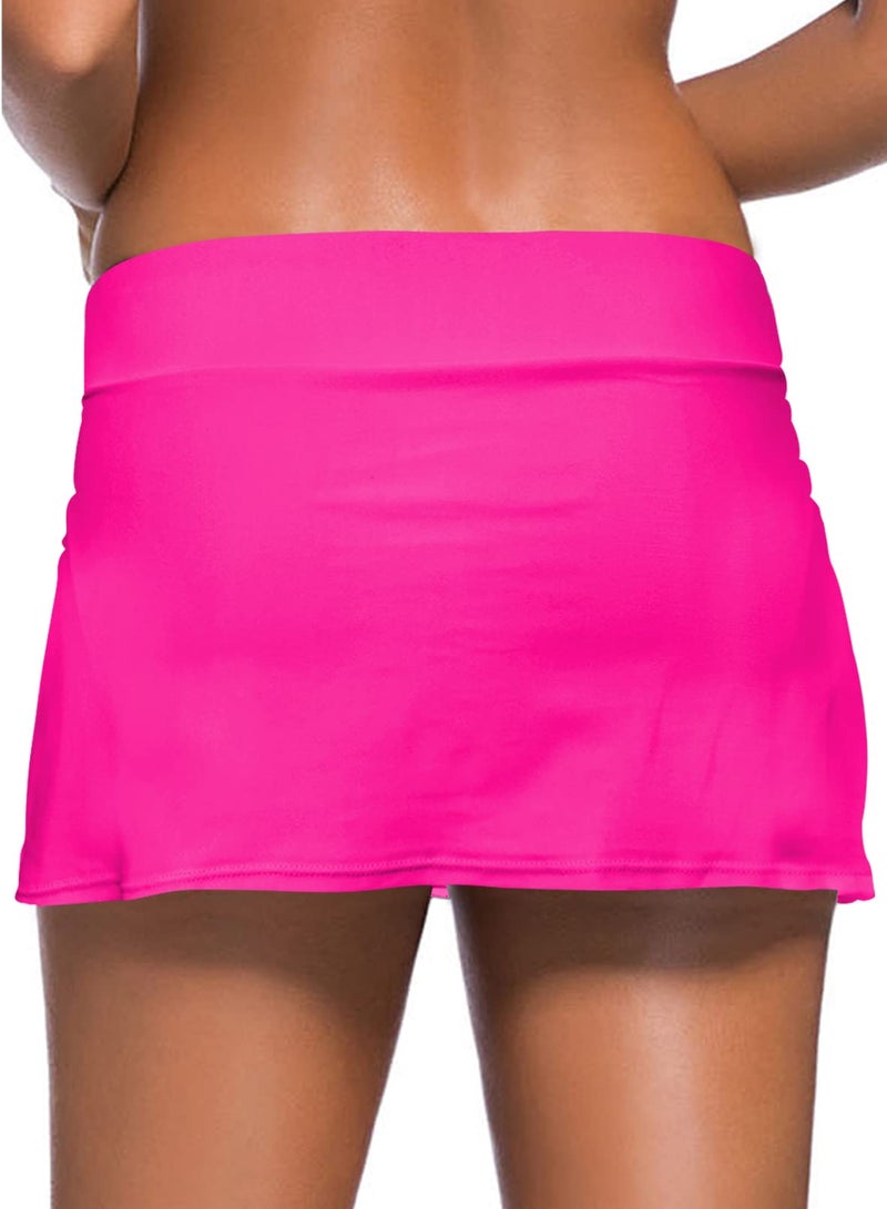 REKITA Women Swim Skirt Solid Color Waistband Skort Bikini Bottom Rose Red X-Large - Image 3