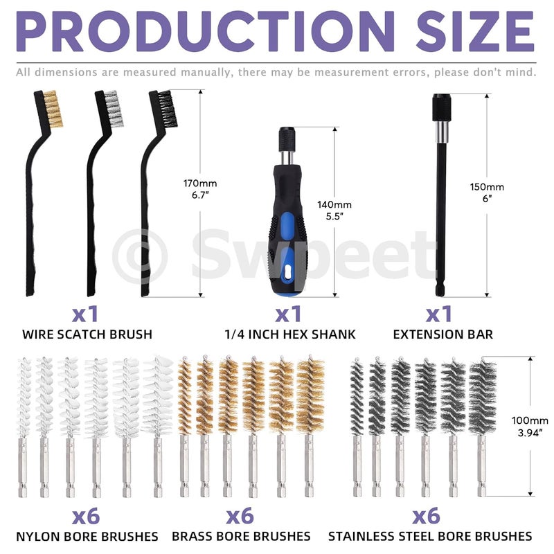 Swpeet 24Pcs 3 Materials 6 Sizes Bore Wire Brush with Wire Scatch Brush Kit, Stainless Steel, Brass, Nylon Cleaning Brush with Handle and Twisted Wire Cleaning Brush - 1/4 Inch Hex Shank - Image 2