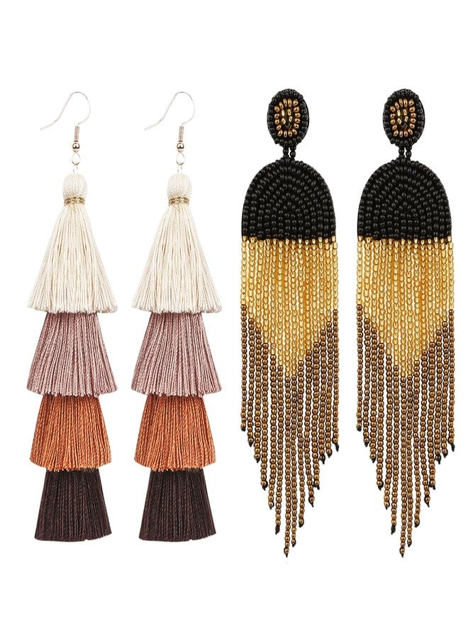 Cupimatch Long Beaded Tassel Earrings: Bead Dangle Drop Earrings Boho Tassel Earrings Indian Earrings for Women - Image 1