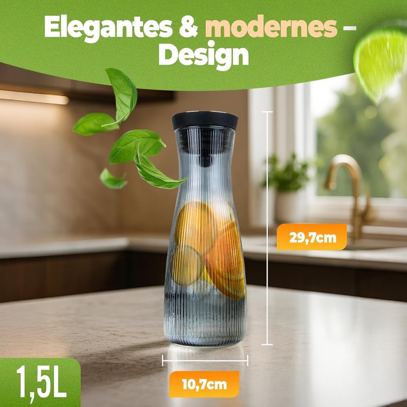 CLIDOR إبريق ماء بغطاء - 1.5 لتر، طراز زجاجي مدخن أنيق، إبريق زجاجي بدون تقطير بغطاء زجاجي بوروسيليكات، إبريق ماء أنيق مع مصفاة، مثالي لماء الفواكه والشاي والماء المنقوع (1500 - Image 2