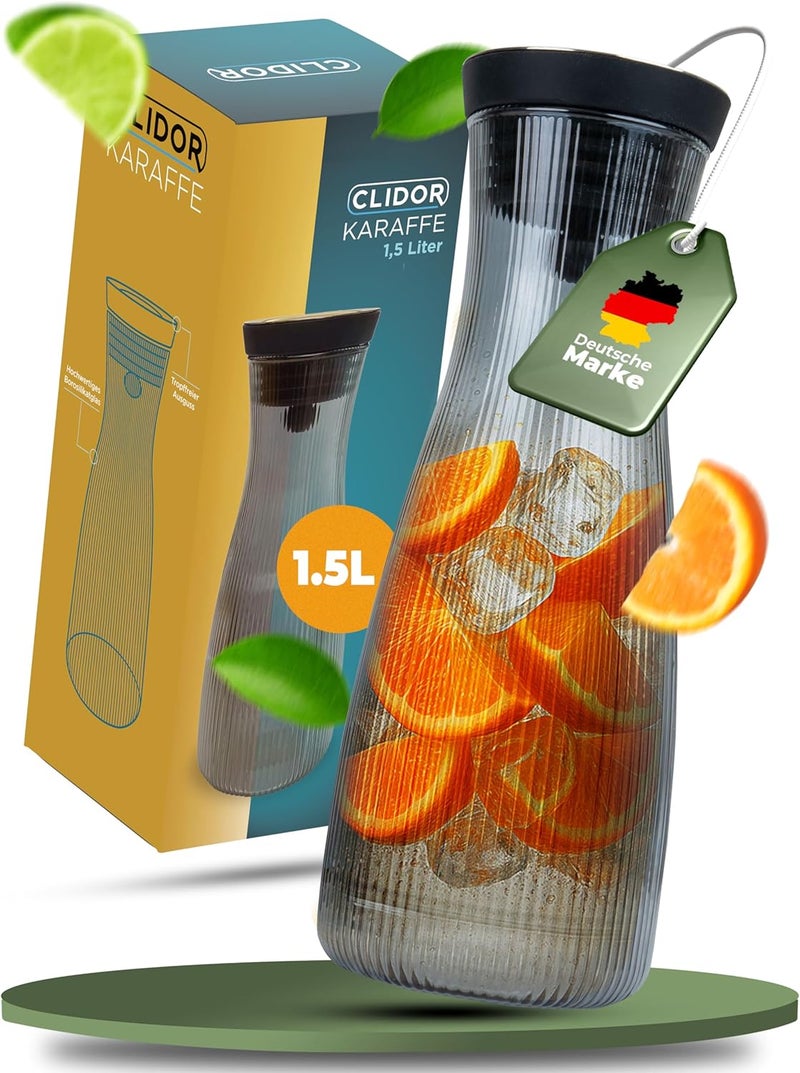 CLIDOR إبريق ماء بغطاء - 1.5 لتر، طراز زجاجي مدخن أنيق، إبريق زجاجي بدون تقطير بغطاء زجاجي بوروسيليكات، إبريق ماء أنيق مع مصفاة، مثالي لماء الفواكه والشاي والماء المنقوع (1500 - Image 1