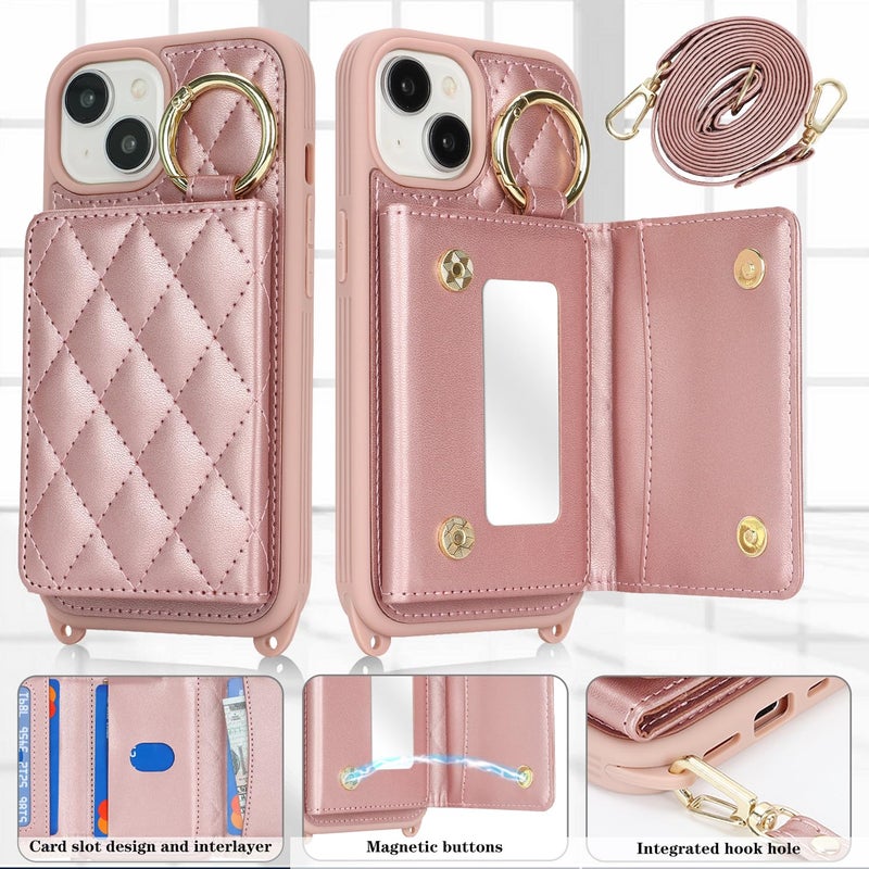 DEYHU for iPhone 15 Case with Card Holder and Strap for Women,Crossbody Lanyard, Make Up Mirror,Ring Stand,Snap Clasp,Cute Phone Wallet Cases 6.1 inch - Dark Rose Gold - Image 2