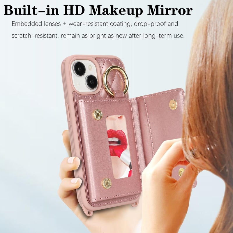DEYHU for iPhone 15 Case with Card Holder and Strap for Women,Crossbody Lanyard, Make Up Mirror,Ring Stand,Snap Clasp,Cute Phone Wallet Cases 6.1 inch - Dark Rose Gold - Image 5