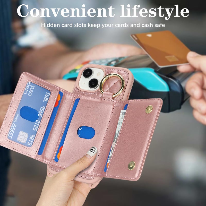 DEYHU for iPhone 15 Case with Card Holder and Strap for Women,Crossbody Lanyard, Make Up Mirror,Ring Stand,Snap Clasp,Cute Phone Wallet Cases 6.1 inch - Dark Rose Gold - Image 3