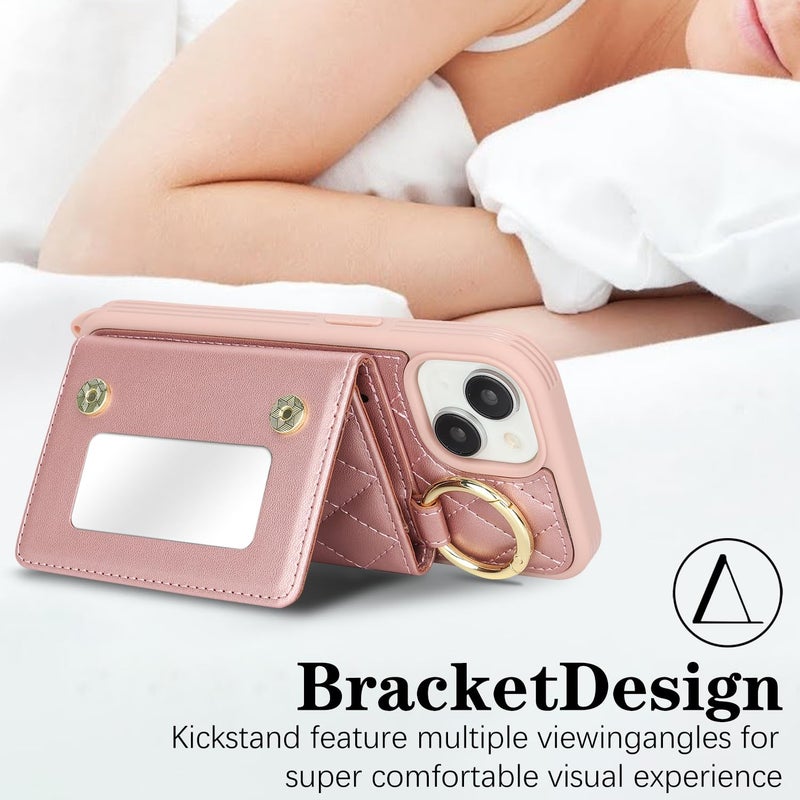 DEYHU for iPhone 15 Case with Card Holder and Strap for Women,Crossbody Lanyard, Make Up Mirror,Ring Stand,Snap Clasp,Cute Phone Wallet Cases 6.1 inch - Dark Rose Gold - Image 4