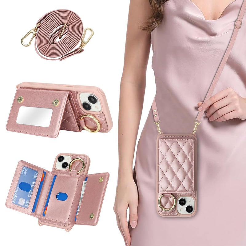 DEYHU for iPhone 15 Case with Card Holder and Strap for Women,Crossbody Lanyard, Make Up Mirror,Ring Stand,Snap Clasp,Cute Phone Wallet Cases 6.1 inch - Dark Rose Gold - Image 1