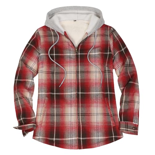 ThCreasa Womens Plaid Fleece Jacket Full Zip Sherpa Lined Hooded Jackets Warm Fall Winter Flannel Shacket with Pockets Red S - Image 1