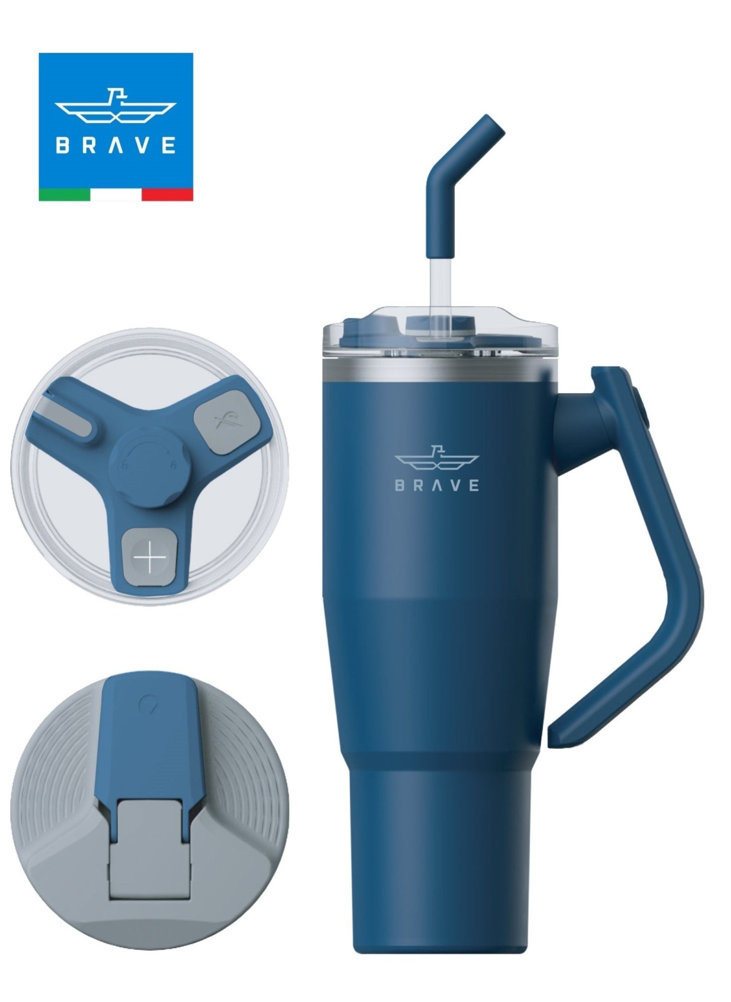 Brave 40oz (1200ml) Stainless Steel Insulated Tumbler with 180° Rotating Handle and Lid with Straw, 100% Leak Proof Travel Coffee Mug, Double Wall Vacuum Insulated Tumbler, Keeps Drinks Cold for 24 Hours or Hot for 12 Hours, BPA Free, Durable, Reusable, Cup Holder Friendly, Large Coffee Mug and Water Bottle for Hot and Cold Drinks, Perfect for Office, Travel, Gym (Navy Blue) 