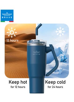 Brave 40oz (1200ml) Stainless Steel Insulated Tumbler with 180° Rotating Handle and Lid with Straw, 100% Leak Proof Travel Coffee Mug, Double Wall Vacuum Insulated Tumbler, Keeps Drinks Cold for 24 Hours or Hot for 12 Hours, BPA Free, Durable, Reusable, Cup Holder Friendly, Large Coffee Mug and Water Bottle for Hot and Cold Drinks, Perfect for Office, Travel, Gym (Navy Blue)  - Image 3