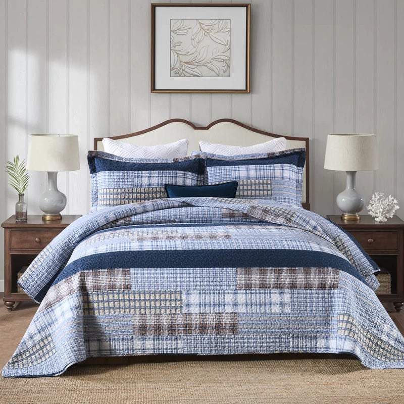 PANGUSHAN Quilt Set Queen Size 100 Cotton Quilt Bedding Set Bedspreads Patchwork Plaid Farmhouse Reversible Lightweight Comforter Bed Spread for Queen Bed Blue 3 Pieces
