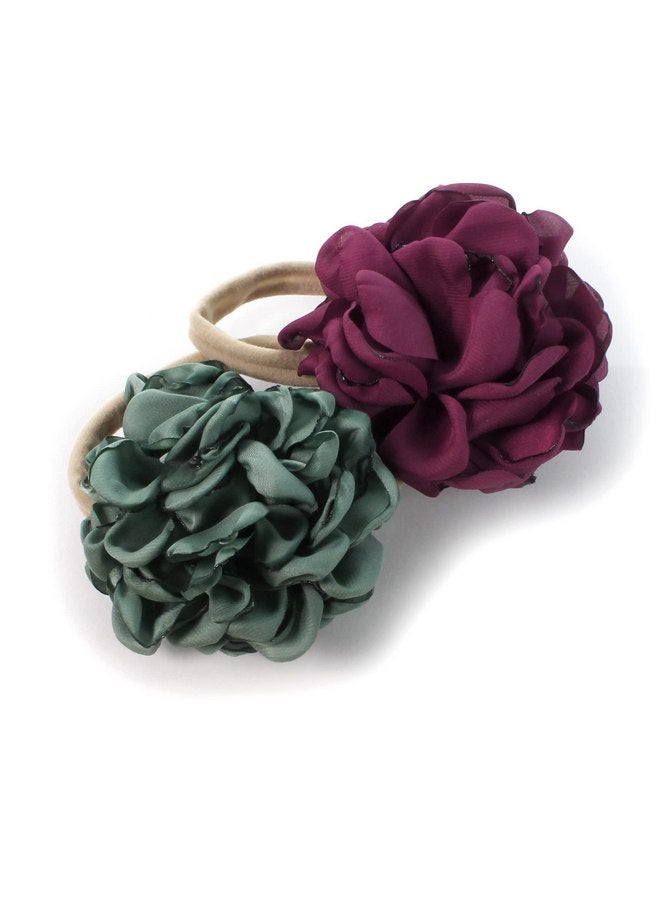 My Lello Baby Girl Ruffle Singed Rose Nylon Elastic Headbands Set 2pcs - Large - Sage Green - Eggplant - Image 1