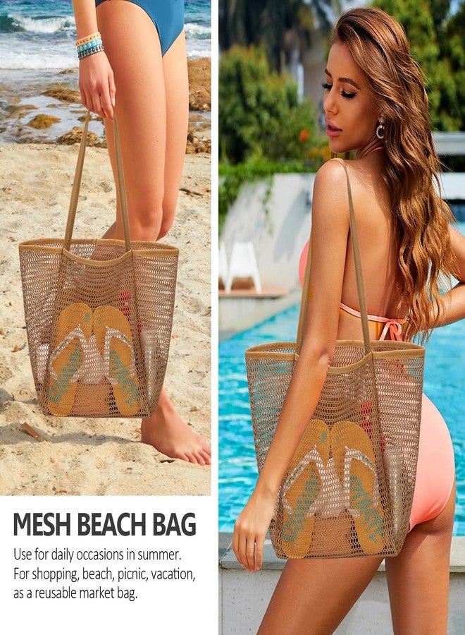 hatisan Beach Bag Mesh Tote Bags,Upgrade Beach Tote with Inner Pocket Women Mesh Shoulder Bag for Daily Travel Vacation(Kakhi) - Image 2