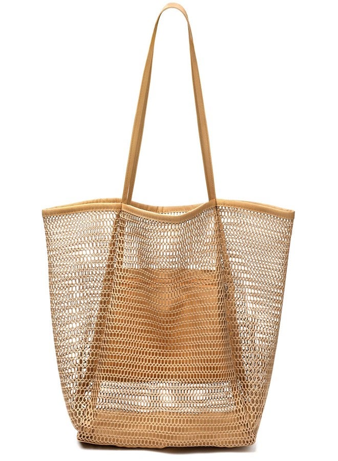 hatisan Beach Bag Mesh Tote Bags,Upgrade Beach Tote with Inner Pocket Women Mesh Shoulder Bag for Daily Travel Vacation(Kakhi) - Image 1