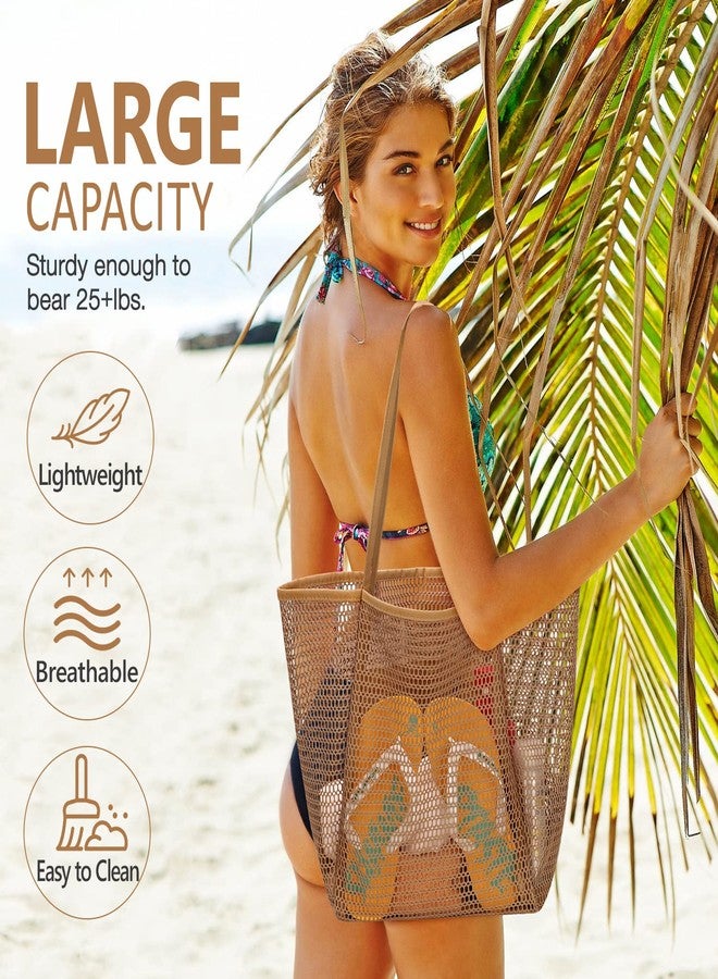hatisan Beach Bag Mesh Tote Bags,Upgrade Beach Tote with Inner Pocket Women Mesh Shoulder Bag for Daily Travel Vacation(Kakhi) - Image 3