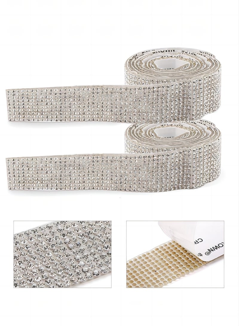 2 Rolls rhinestone ribbon self adhesive, crystal stickers glitter ribbons bling ribbons roll for wedding cakes birthday crafts decorations,sliver  - Image 2