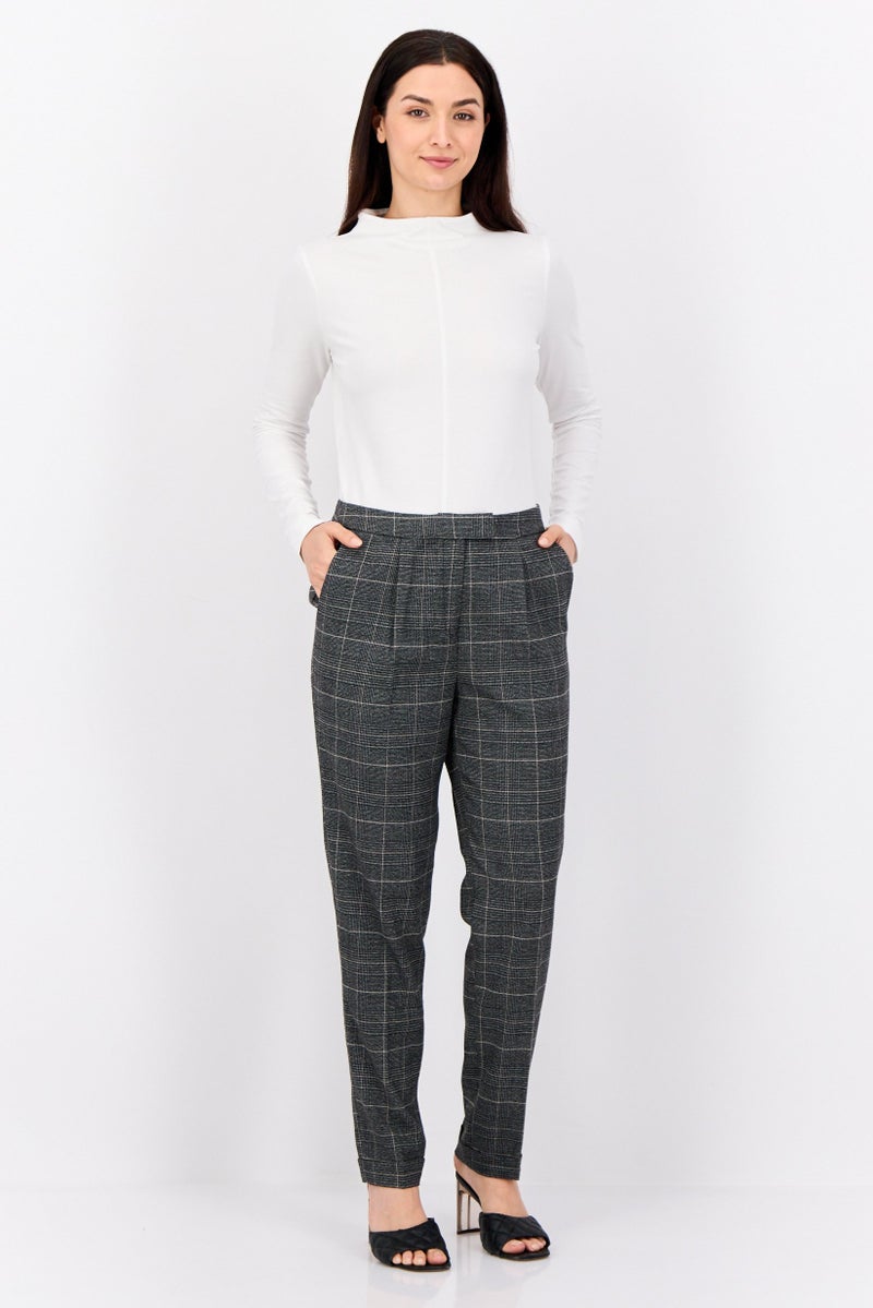 ESPRIT Women Regular Fit Checkered Tapered Pants, Grey - Image 4