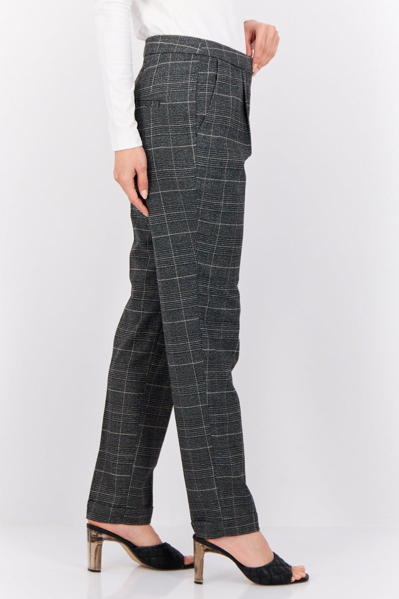 ESPRIT Women Regular Fit Checkered Tapered Pants, Grey - Image 3