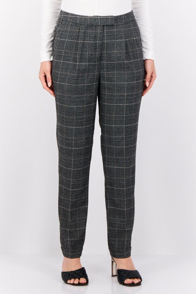 ESPRIT Women Regular Fit Checkered Tapered Pants, Grey - Image 1