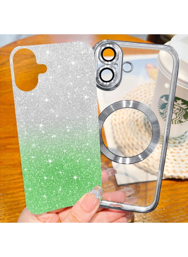 iPhone 16 Plus Case Clear Magnetic Glitter Phone Cases [Compatible with MagSafe] Full Camera Lens Protector Slim Gradient Sparkle Luxury Plating Shockproof Protective Cover Women, green/silver - Image 4