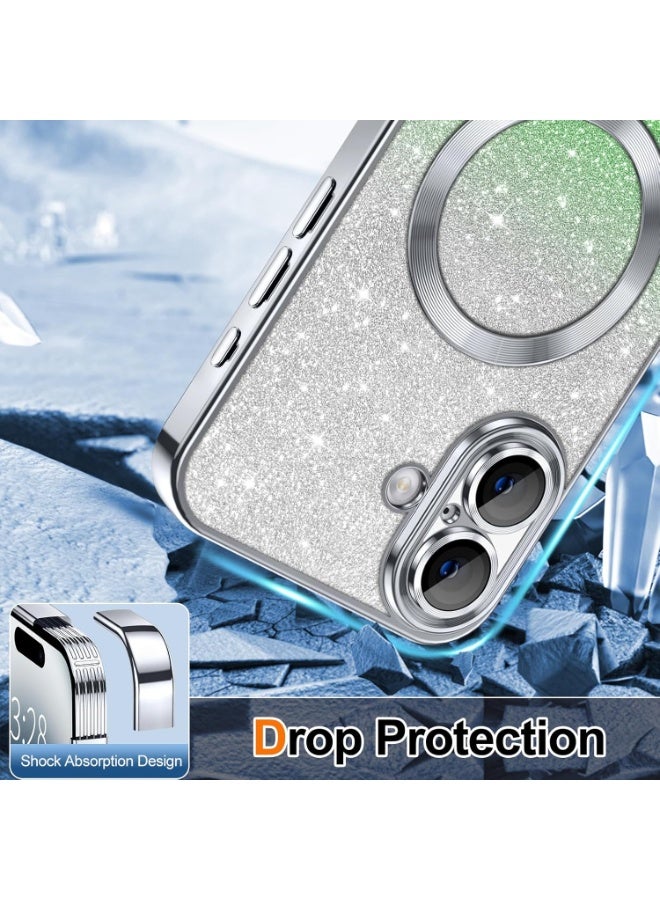 iPhone 16 Plus Case Clear Magnetic Glitter Phone Cases [Compatible with MagSafe] Full Camera Lens Protector Slim Gradient Sparkle Luxury Plating Shockproof Protective Cover Women, green/silver - Image 2