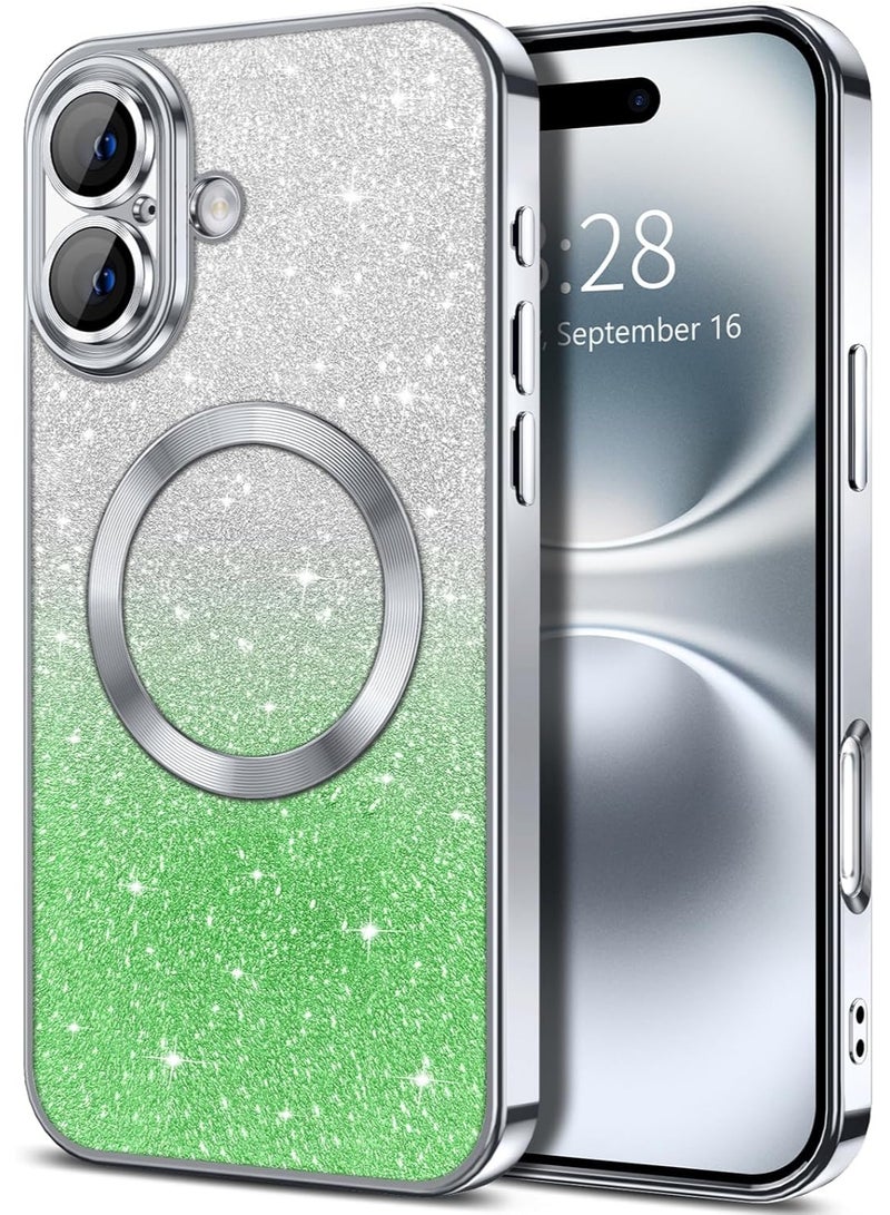 iPhone 16 Plus Case Clear Magnetic Glitter Phone Cases [Compatible with MagSafe] Full Camera Lens Protector Slim Gradient Sparkle Luxury Plating Shockproof Protective Cover Women, green/silver - Image 1