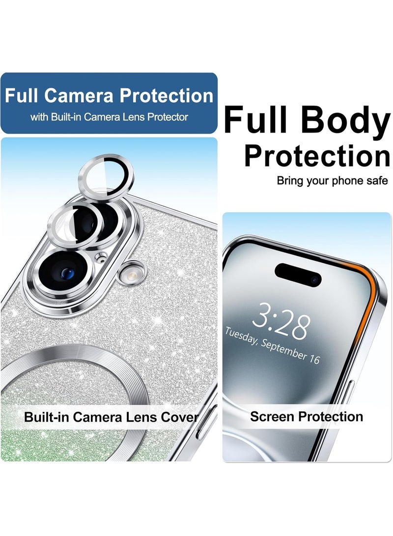 iPhone 16 Plus Case Clear Magnetic Glitter Phone Cases [Compatible with MagSafe] Full Camera Lens Protector Slim Gradient Sparkle Luxury Plating Shockproof Protective Cover Women, green/silver - Image 3