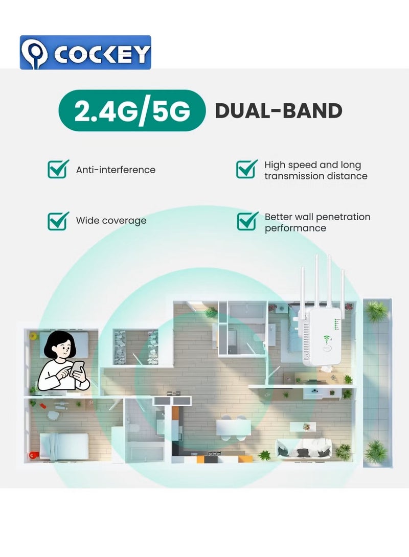 COCKEY Wifi Extender, WiFi Signal Repeater, 300Mbps, 5G/2.4G Dual Band WiFi Extender, AC300 WiFi Range Extender, Broadband/Wi-Fi Extender, One-touch Setting, Plug And Play - Image 4
