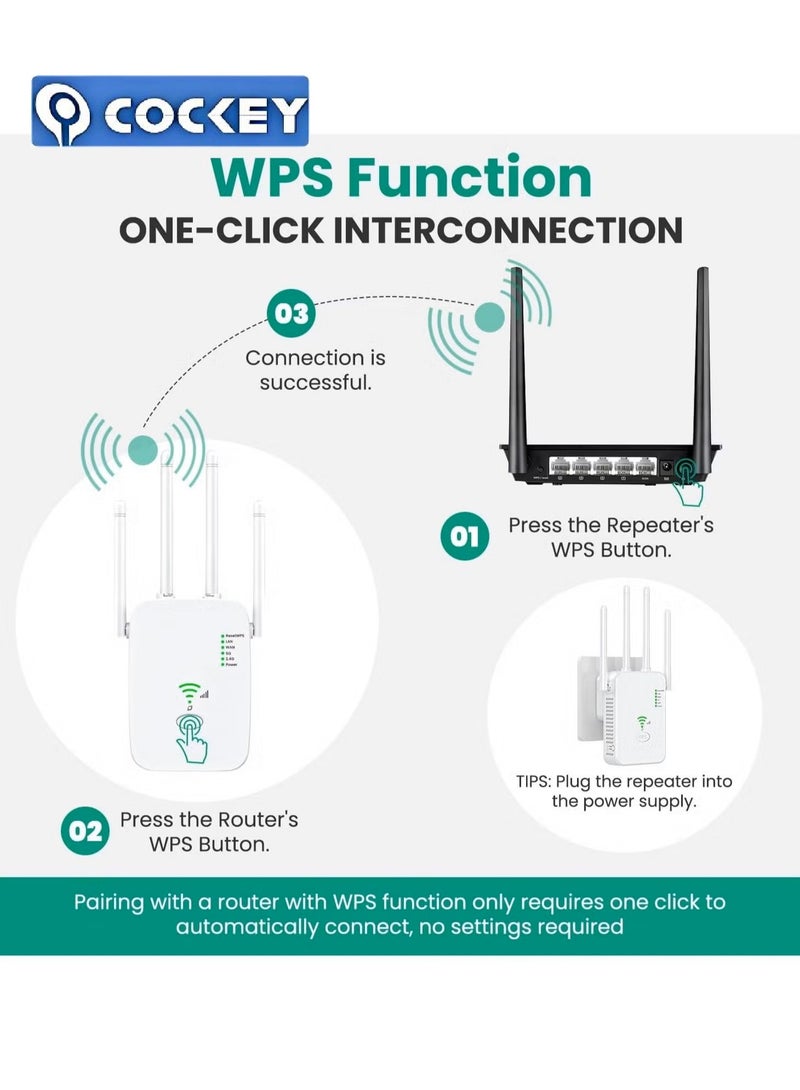 COCKEY Wifi Extender, WiFi Signal Repeater, 300Mbps, 5G/2.4G Dual Band WiFi Extender, AC300 WiFi Range Extender, Broadband/Wi-Fi Extender, One-touch Setting, Plug And Play - Image 5