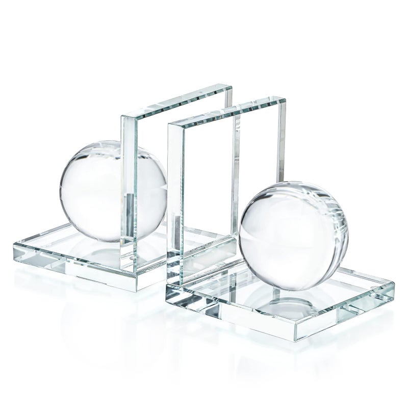1 Pair Crystal Bookends with Crystal Ball Decorative OrnamentsL Shape NonSkid Sturdy Book Ends for Heavy BooksBook Holder Stopper for Shelf Office Home 4inchClear