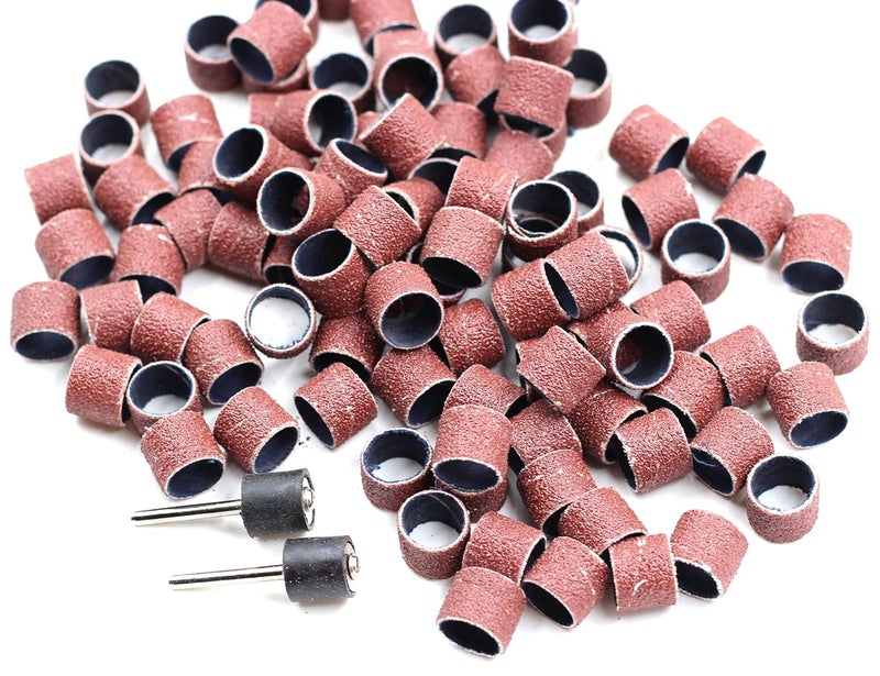 Preamer 100 Pics Dia 1/2" Sanding Drum Sleeves Set Sand Bands with 2 Mandrel for Pet Dog Nail Grinder Heads Rotary Tool Bits Jewelry Light Polishing Abrasive Tools, Grit 80 - Image 1
