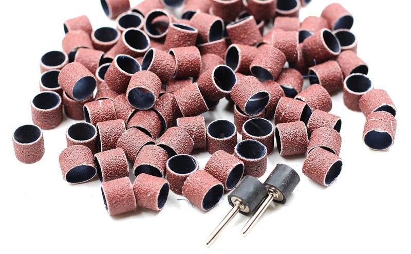 Preamer 100 Pics Dia 1/2" Sanding Drum Sleeves Set Sand Bands with 2 Mandrel for Pet Dog Nail Grinder Heads Rotary Tool Bits Jewelry Light Polishing Abrasive Tools, Grit 80 - Image 3