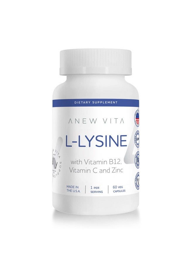 Anew Vita L-Lysine Supplement with Vitamin B12 + C + Zinc for Lip, Mouth, and Oral Tissue Health - Enhanced Wellness Support - Non-GMO, Gluten-Free - Made in USA - 60 Vegetable Capsules, 500mg - Image 1