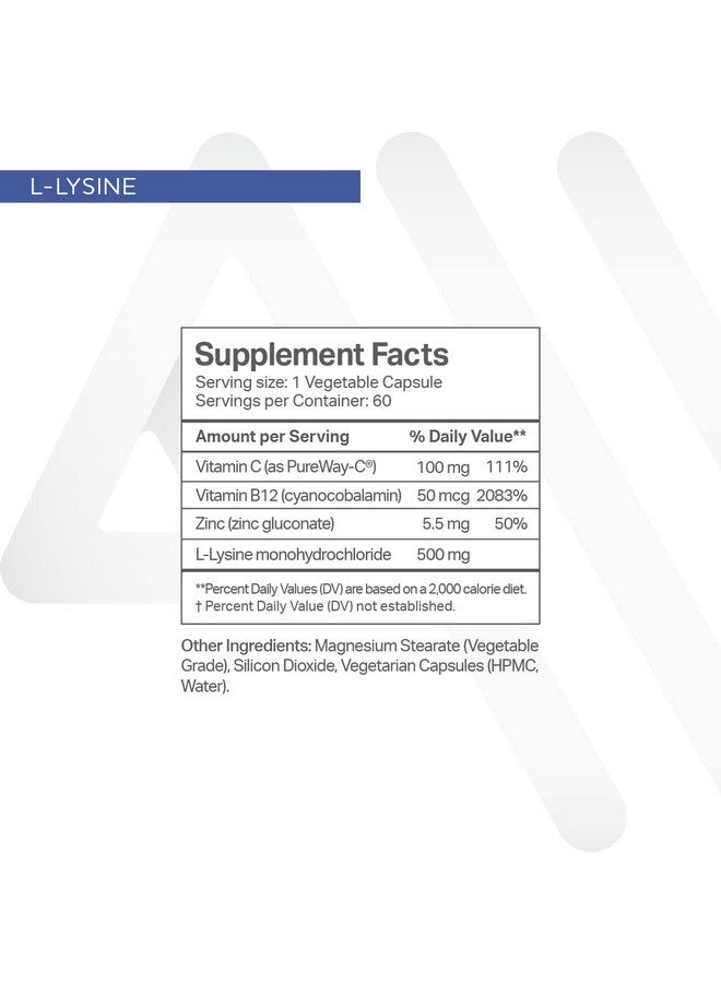 Anew Vita L-Lysine Supplement with Vitamin B12 + C + Zinc for Lip, Mouth, and Oral Tissue Health - Enhanced Wellness Support - Non-GMO, Gluten-Free - Made in USA - 60 Vegetable Capsules, 500mg - Image 5