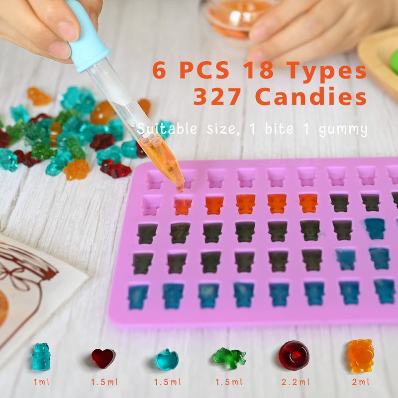 HKNMTT Gummy Bear Molds Silicone 32PCS, Non-stick Chocolate Candy Mold 18 Shapes for 327 Candies, With 4 Droppers, Clean Brush, Storage Box, 20 Wrappers, Including Dinosaur Mini Donut Fruit Animals Shaped - Image 2