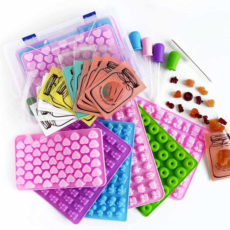 HKNMTT Gummy Bear Molds Silicone 32PCS, Non-stick Chocolate Candy Mold 18 Shapes for 327 Candies, With 4 Droppers, Clean Brush, Storage Box, 20 Wrappers, Including Dinosaur Mini Donut Fruit Animals Shaped - Image 1