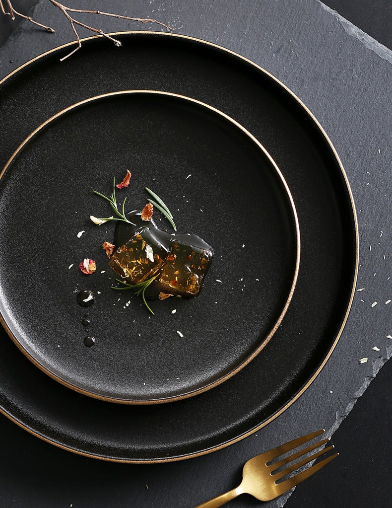 Ceramic Tableware Black Frosted Gold Rim Steak Plate High-end Hotel Household Western Food Plate Salad Plate Dish Plate 10 inch matte disc with gold edge 