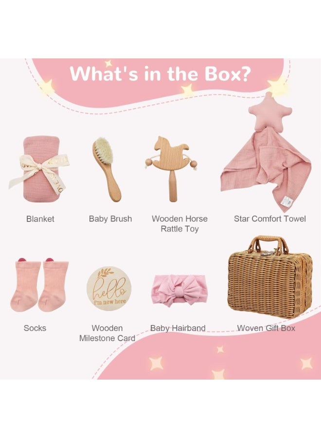 LEFAFA Baby Gift Basket, 8-Piece Baby Shower Gifts Set for Girls Boys, Unique Baby Gifts Basket Essentials Stuffs, Baby Lovey Blanket Baby Headband Baby BrushNewborn Bibs Socks Wooden Rattle & Milestone Card, Newborn Baby Gift Set - Image 2