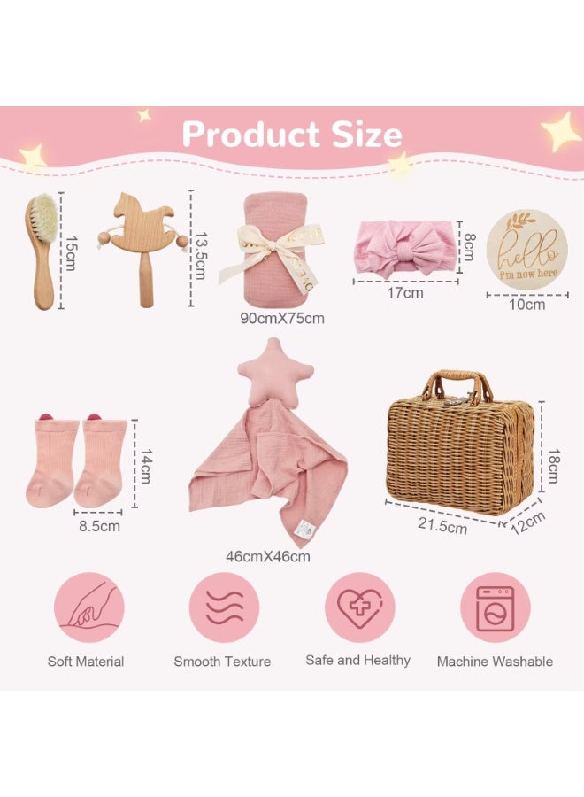LEFAFA Baby Gift Basket, 8-Piece Baby Shower Gifts Set for Girls Boys, Unique Baby Gifts Basket Essentials Stuffs, Baby Lovey Blanket Baby Headband Baby BrushNewborn Bibs Socks Wooden Rattle & Milestone Card, Newborn Baby Gift Set - Image 3