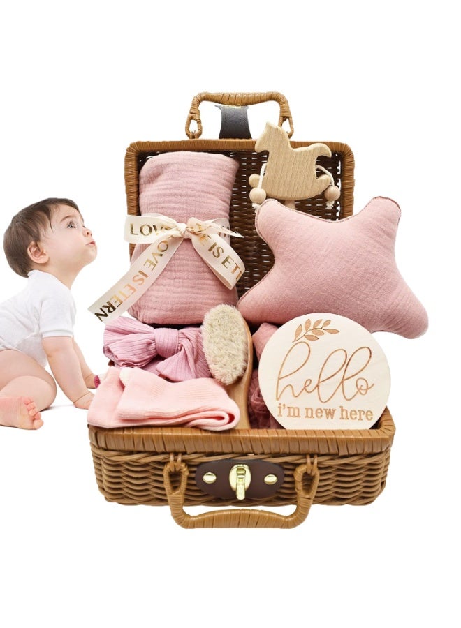 LEFAFA Baby Gift Basket, 8-Piece Baby Shower Gifts Set for Girls Boys, Unique Baby Gifts Basket Essentials Stuffs, Baby Lovey Blanket Baby Headband Baby BrushNewborn Bibs Socks Wooden Rattle & Milestone Card, Newborn Baby Gift Set - Image 1