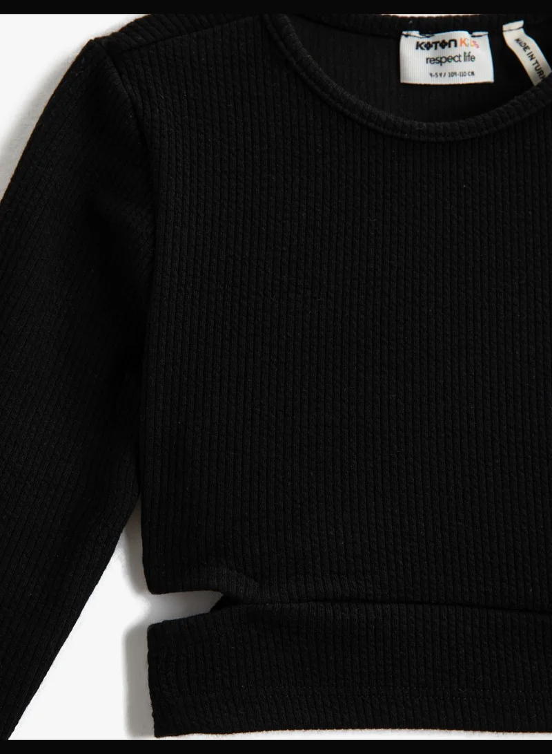 كوتون Crop Long Sleeve T-Shirt Round Collar Cutout Detail Ribbed